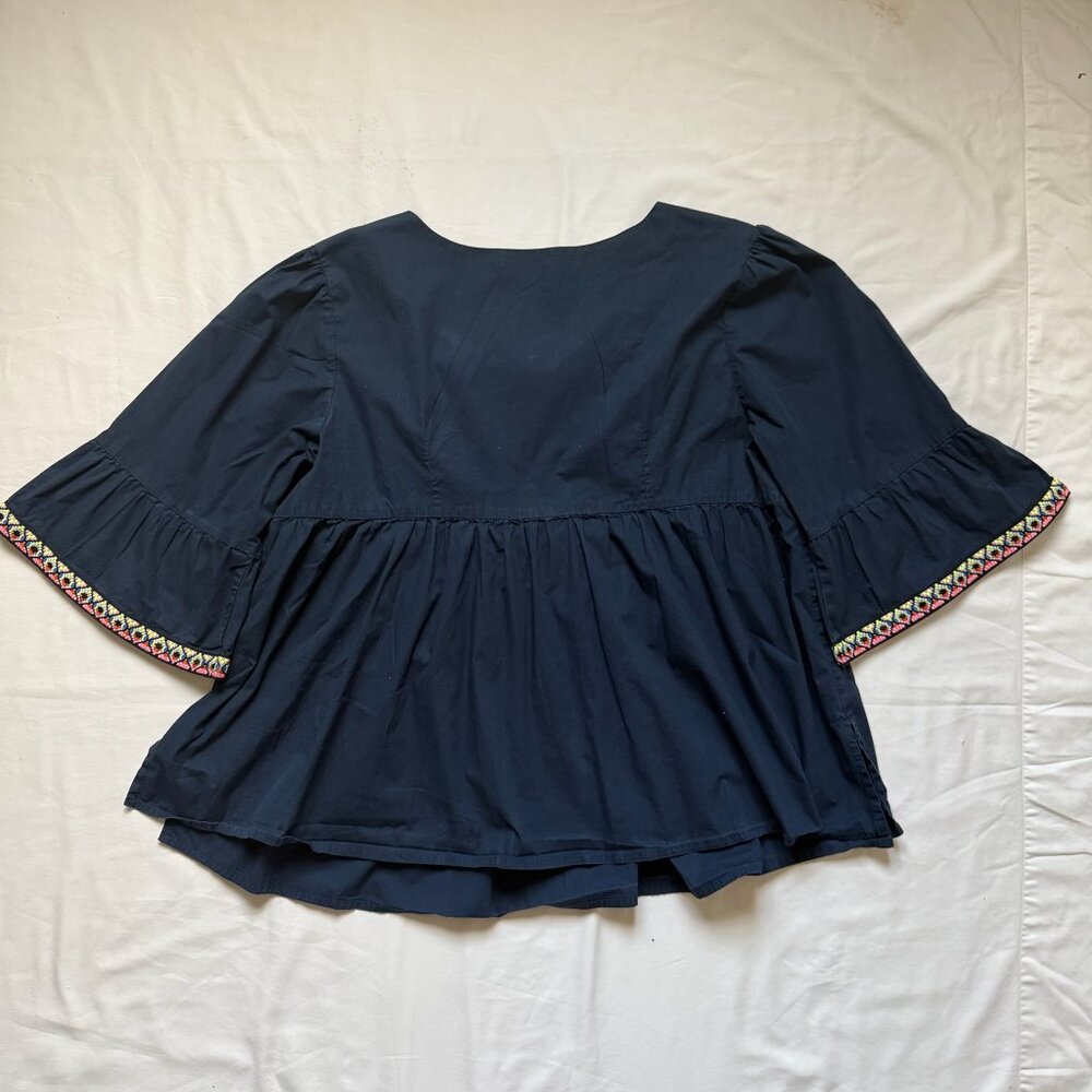eShakti XL Custom Navy Blue Stretch Embroidered Boho Style Bell Peplum Top - Picture 2 of 9